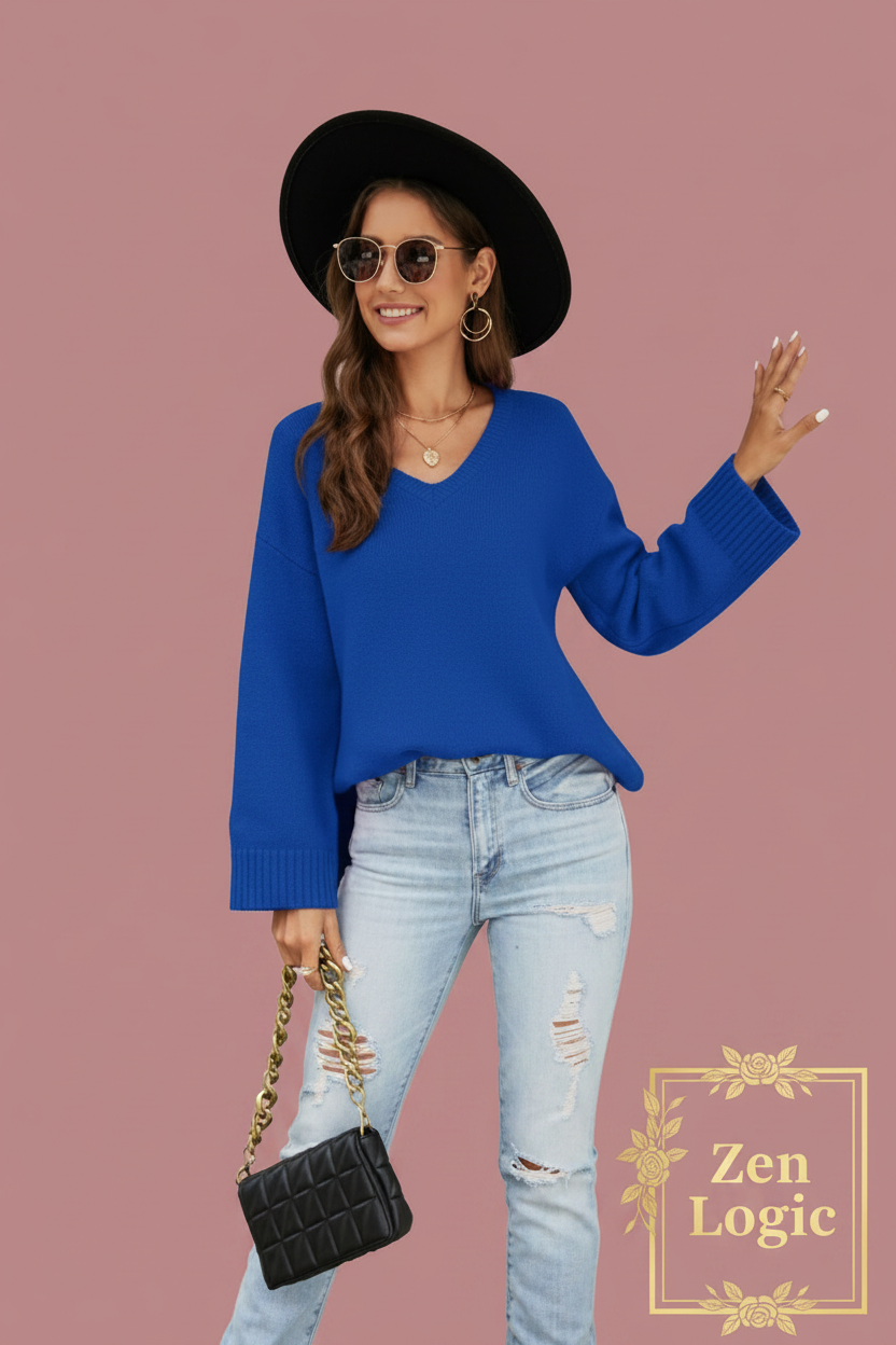 Drop Shoulder V-Neck Knit Pullover – Effortless Style and Comfort - Goldflame Elixir