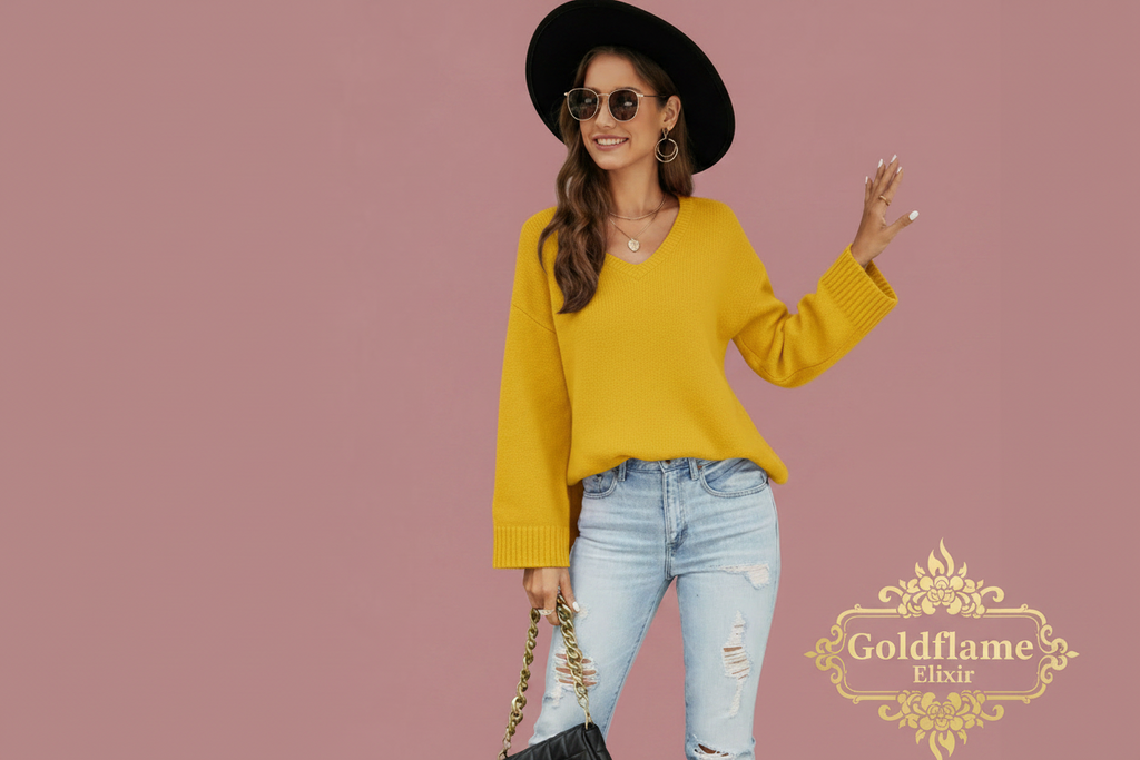 Drop Shoulder V-Neck Knit Pullover – Effortless Style and Comfort - Goldflame Elixir