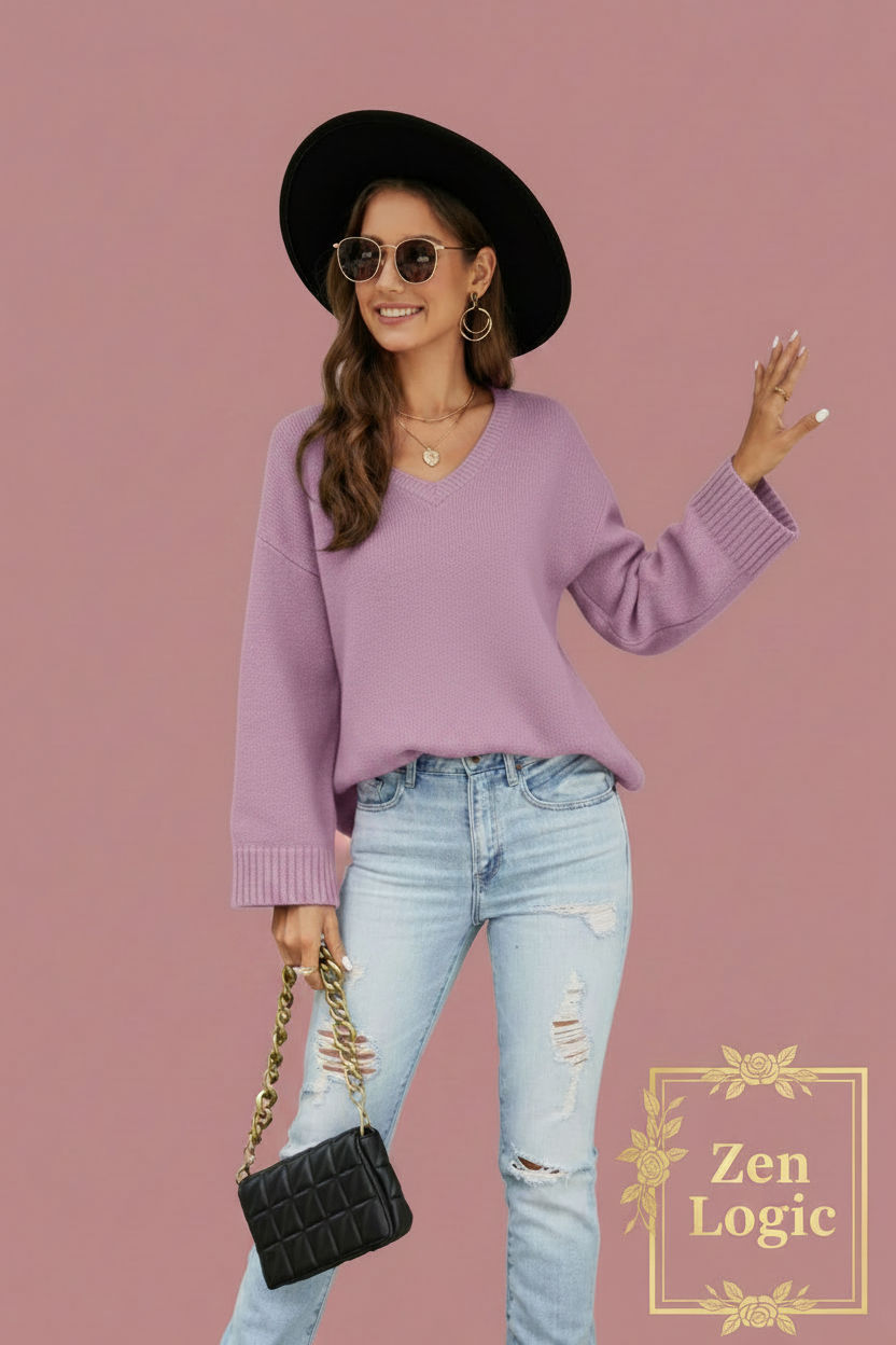 Drop Shoulder V-Neck Knit Pullover – Effortless Style and Comfort - Goldflame Elixir